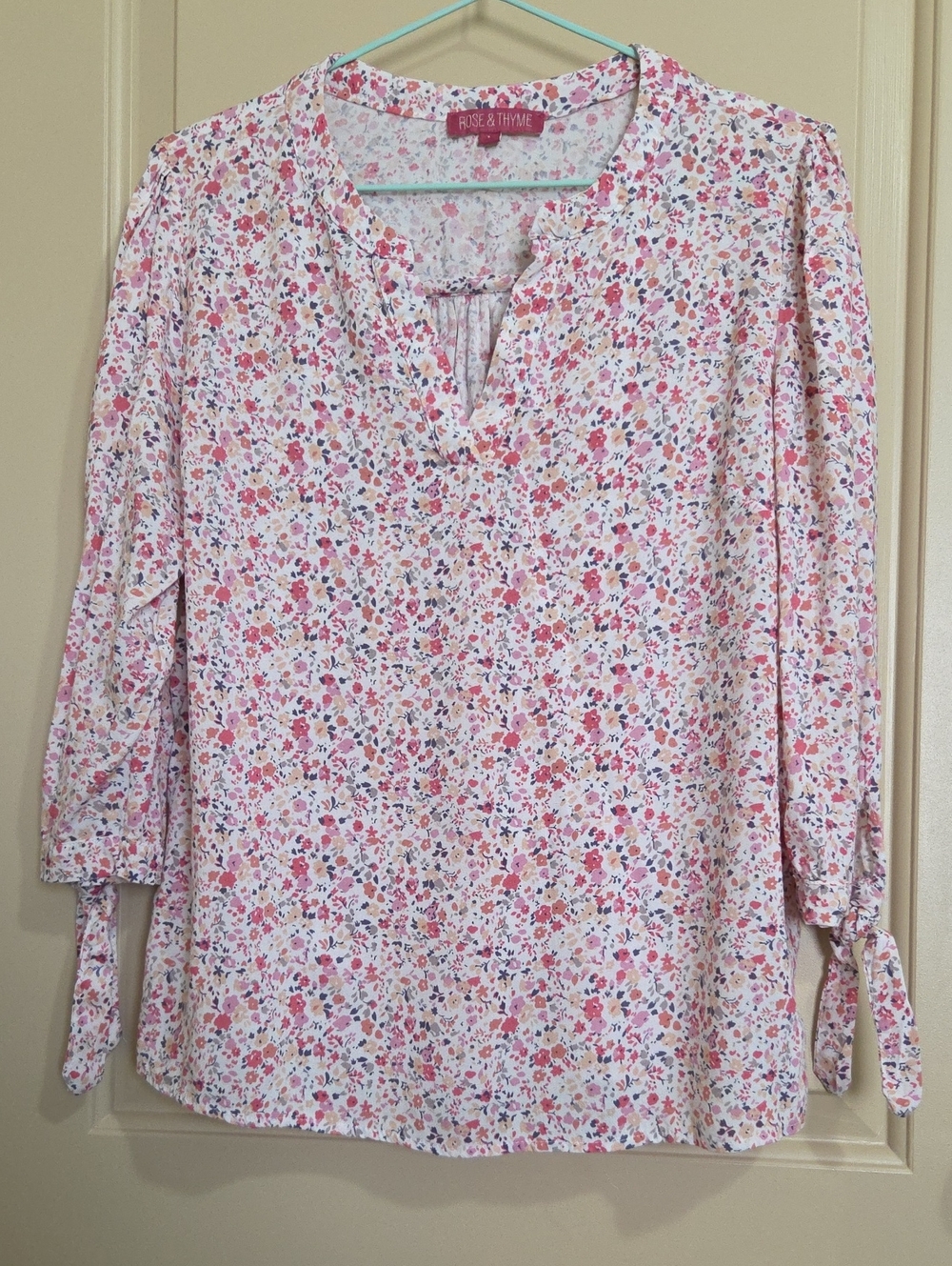 Rose & Thyme Pink Floral Tie-Sleeve Blouse